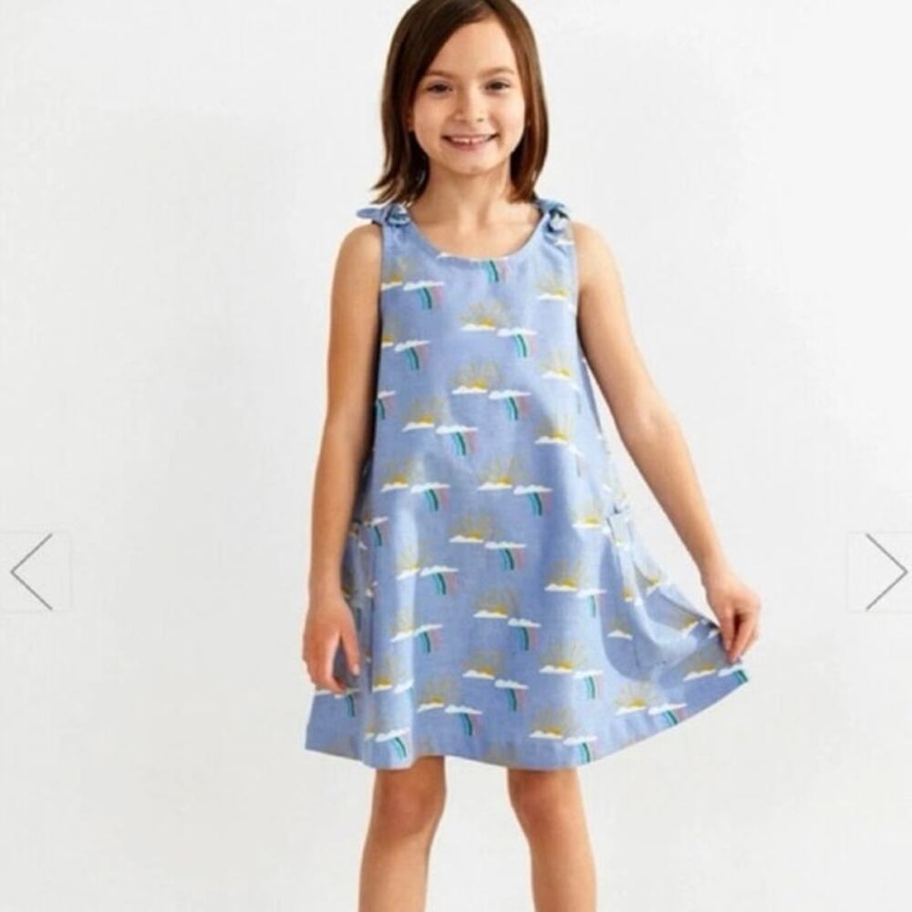 Hanna Andersson Size 140 US 10 Rainbow Print Sundress Dress Blue Oxford Cloth
